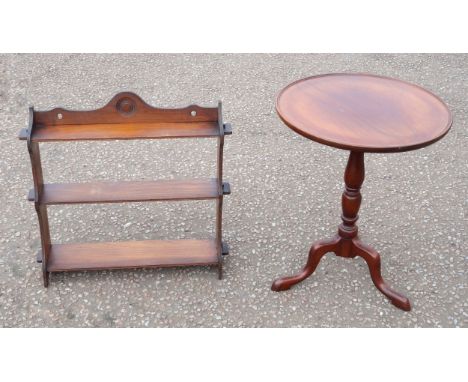 George III style mahogany circular coffee table on tripod supports, D 51.2cm, and an elm 3 tier hanging shelf, W 63.5cm overa