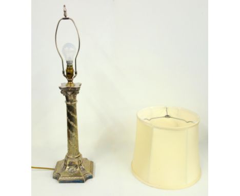A silver plated Corinthian column table lamp with shade, maximum height inc. shade 66 cm