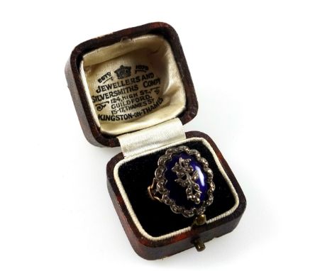 Ring set blue enamel and marcasite in silver and gold, cased (2) 