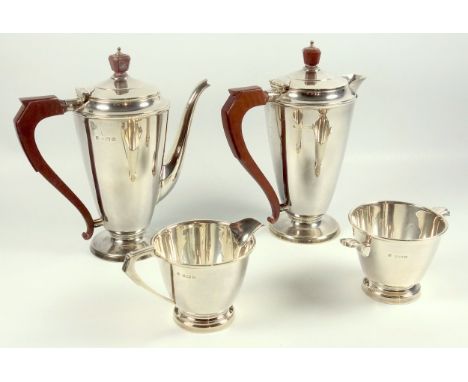 Art Deco silver 4 piece coffee set comprising a coffee pot, hot milk jug, sugar basin and cream jug, by W N Ltd, Birmingham 1