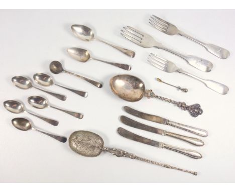 George IV silver fork, 2 Victorian dessert spoons, 2 Georgian teaspoons, cream ladle, anointing spoon by M M &amp; Co., Birmi