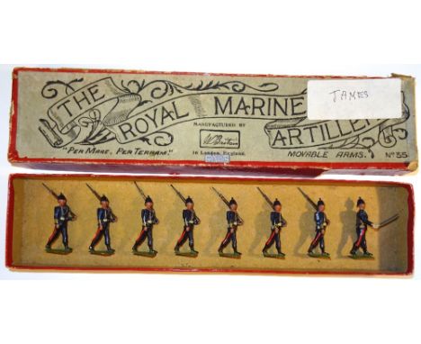 Britains set 35, Royal Marine ArtilleryTHIRD VERSION, box pack, square base, infantry helmet, with Officer in early printers 