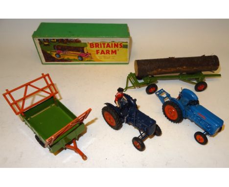 Britains set 128F Fordson Major Tractor rubber tyres with driver (G, chassis repaired, drawbar damaged), 129F Timber Trailer 