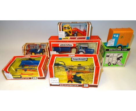 Britains Tractors and Farm 9539 Seed Drill, 9542 Forage Harvester, 9547 Horse Box, 9572 Massey Ferguson Tractor Loader, 9630 