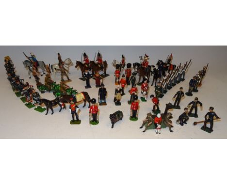 Medley of New Toy Soldiers Pipers, Cavalry, George Washington, Cavalry Fatigues, Mascot, Motorcyclists and others (E--VG, one