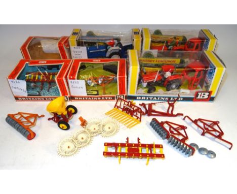 Britains Tractors and Farm Implements 9527 Ford 5000 Tractor, 9529 Massey Ferguson Tractor (two). 9533 Roller and 9536 Cultiv