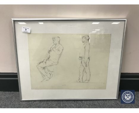 Donald James White : Side portrait of two figures, '62 / 63', pencil, 38 cm x 28 cm, framed.