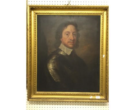 19TH CENTURY ENGLISH SCHOOL AFTER ROBERT WALKER “Oliver Cromwell” a portrait study in armour, oil on canvas, unsigned, inscri