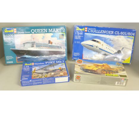 Three Revell and one Airfix model kits; Queen Mary 2, Challenger CL601/602 and two others 