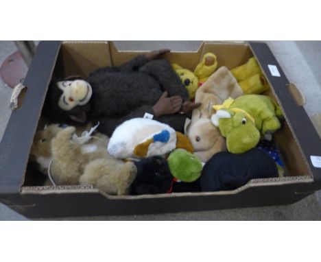 Eight Merrythought labelled Teddy bears, animals and puppets 