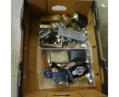 A box of mixed wristwatches, cigarette case, lighters, pocket knives, two plated belts, clay pipes, spirit level, ruler, etc.