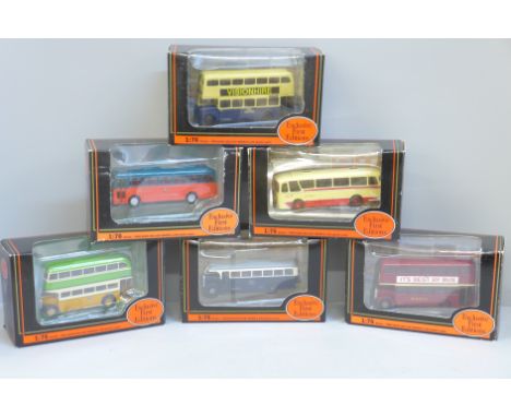 Six Exclusive First Editions 1:76 scale model buses, boxed 