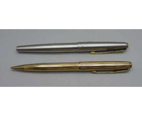 A Parker pen, barrel engraved, a/f and a Parker Sonnet pencil in gold plated casing 