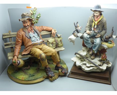 A Neopolitan figure of a tramp on bench signed Voeta and one other Neopolitan figure of a young man feeding birds **PLEASE NO
