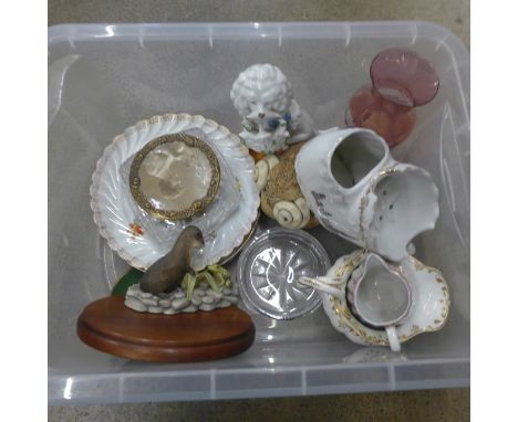 A Border Fine Arts figure, a pink glass vase, a model dog, a glass dressing table jar with portrait photograph lid, a studio 