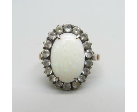 A 9ct gold, opal and white stone ring, 3.5g, L 