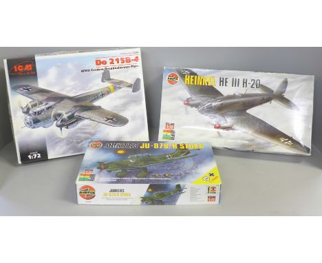 Two Airfix model kits;, Stuka and Heinkel bomber and an ICM German WWII plane model kit 