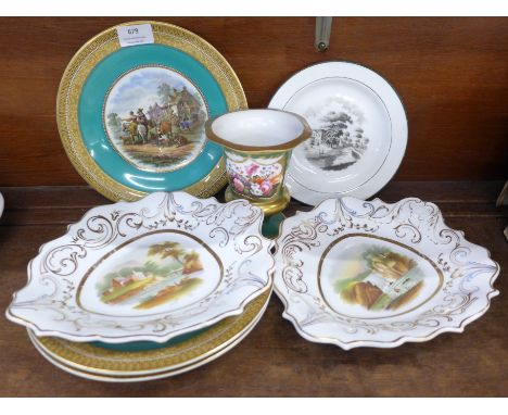 Three Victorian Prattware plates, a small Victorian hand decorated urn/planter, a Victorian plate with river scene and a pair