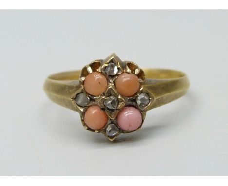 A Victorian 15ct gold, coral and diamond ring, Birmingham 1876, 2.5g, M 