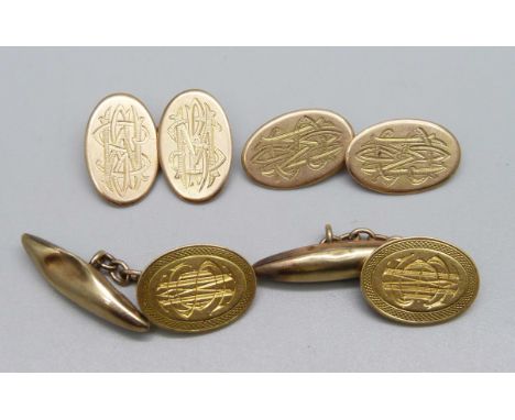 A pair of 15ct gold cufflinks, Birmingham 1905, 8.7g, and one other pair of cufflinks, oval sides marked 18ct gold, bullet si