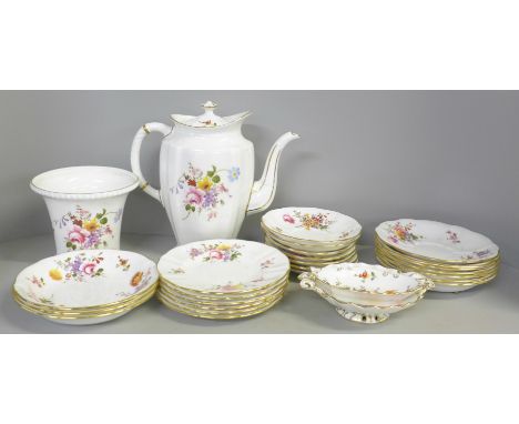 A Royal Crown Derby Derby Posies tea and dinner service, 18 plates, 10 teacups, 9 coffee cups, a pair of large tea cups, sauc