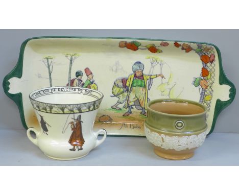 A Royal Doulton Arabian Nights tray, Ali Baba, a Royal Doulton pot, "And When The Timrous Trout I Wait To Take, And He Devour