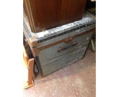 OLD TRAVEL TRUNK AND A PINE STOOL