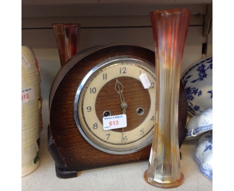 CHIMING MANTEL CLOCK AND PAIR CARNIVAL GLASS VASES     F4