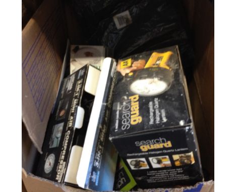 BOX OF TORCHES AND OTHER TOOLS     T
