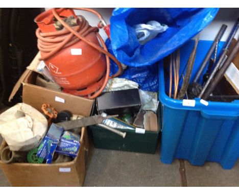 4 BOXES OF PLUMBING ITEMS & SOME TOOLS; PIPE BENDER; STILLSONS