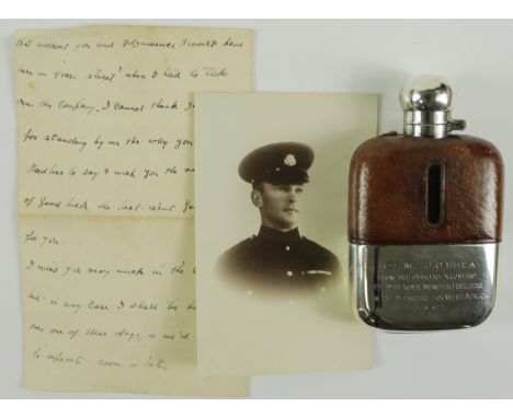 Munster Fusiliers: silver, leather &amp; crystal glass presentation hip flask. Hallmarked lower section engraved 'CSM J.O'She