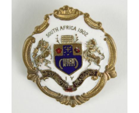 Sweetheart badge, white faced enamel &amp; brass - Westminster Dragoons Imperial Yeomanry. Reads on the front "South Africa 1