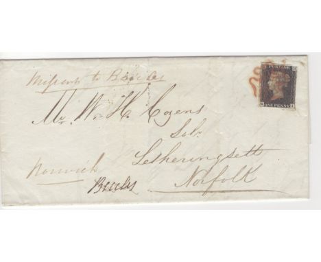 GB 1840 1d Penny Black (G-I) identified as likely Plate 8, 4 margins, tied with red MX on complete written entire to Letherin