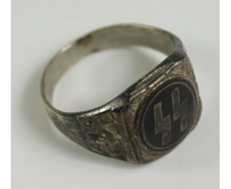 German WW2 Mans possibly silver finger ring for an SS member, small interior stamp, GVF