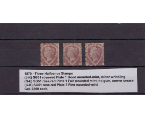 GB - 1870 Three Half Pence stamps, (J-K) SG51 Plate 1 Good mounted mint, minor wrinkling. (N-E) SG51 Plate 1 Fair mounted min