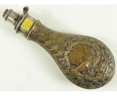 Flask: An interesting copper powder flask by William Hawksley (Premier Maker). Stag &amp; hound motif with basket weave patte