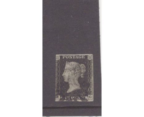 GB 1840 1d Penny Black (R-G) identified as likely Plate 3, 3 margins, black MX, no tears thins or creases.