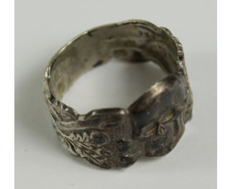 German WW2 Mans possibly silver finger ring for likely a member of the SS has Deaths head, stamps inside, GVF