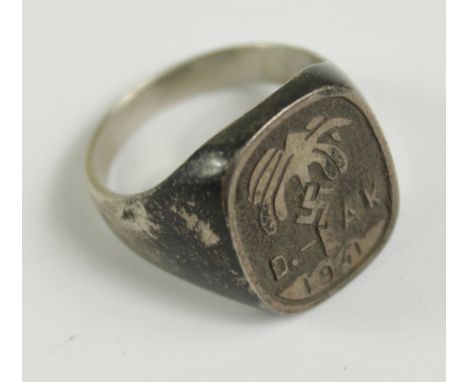 German WW2 Mans possibly silver finger ring for a DAK Afrika Korps member 1941 dated , stamped, GVF