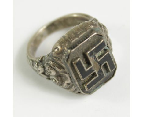 German WW2 Mans possibly silver finger ring with enamelled Swastika to centre GVF