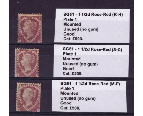 GB - QV Line Engraved 1½d rose-red Plate 1, SG51, (R-H) (S-C) (M-F) all mounted, unused, no gum, Good. Total cat £1500  (3)