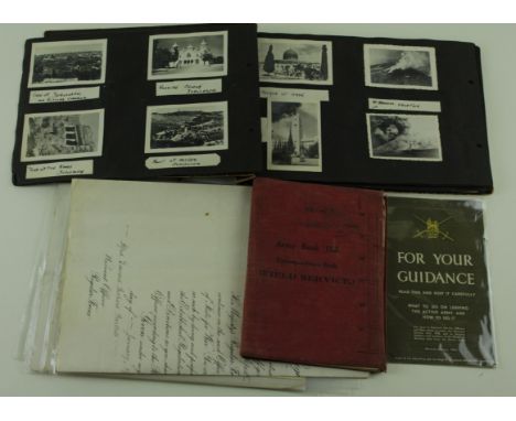 WW2 photo album with selection of documents relating to 6281577 WOI T A E R Bartlett Buffs with MID letter and warrant scroll