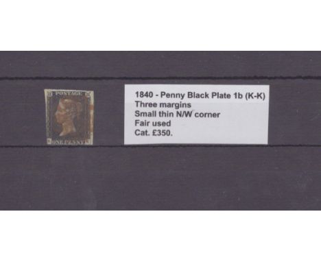 GB - 1840 Penny Black Plate 1b (K-K) three margins, small tin N/W corner, fair used, cat £375