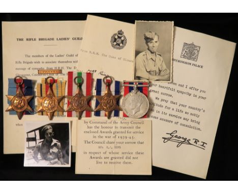 WW2 Casualty group to 5678123 Rfn R J Ring 1st Bn Rifle Brigade. Died 13th June 1944. Buried Tilly-Sur-Seulles War Cemetery. 
