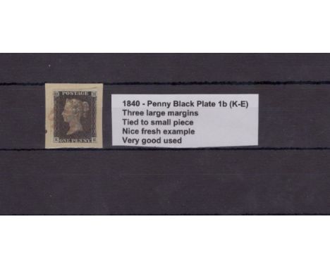 GB - 1840 Penny Black Plate 1b (K-E) three large margins, tied to small piece, nice fresh example, very good used, cat £375