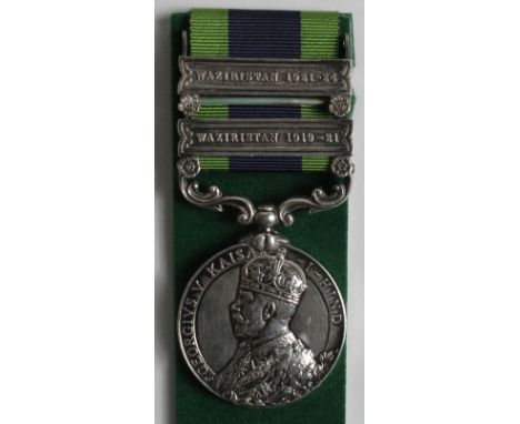 IGS GV with Waziristan 1919-21 and Waziristan 1921-24 bars, named 6077511 Pte G Wren The Queens R. Lived Hardinge Street, Upp