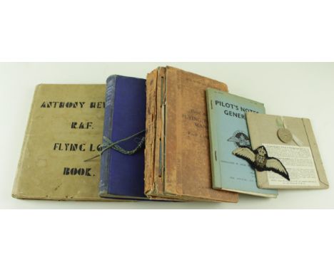 RAF pilots log book, medals, pilots wings, flying training book, photos etc., to S/L A H Hewitt first commenced flying Octobe