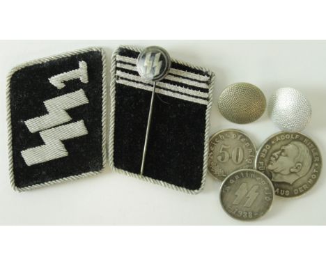 German SS pair of collar badges one with paper makers label, SS stick pin, SS coins, medallion and buttons etc.