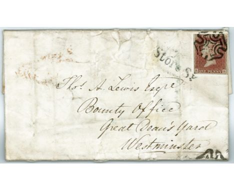 GB - 1841 1d Red Plate 8 (R-B) on entire, four margins, tied by Black MX, to Great Deans Yard Westminster. Store St straight 
