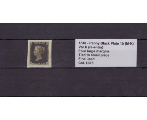 GB - 1840 Penny Black Plate 1b (M-K) Var.b (re-entry) four large margins, tied to small piece, fine used cat £375